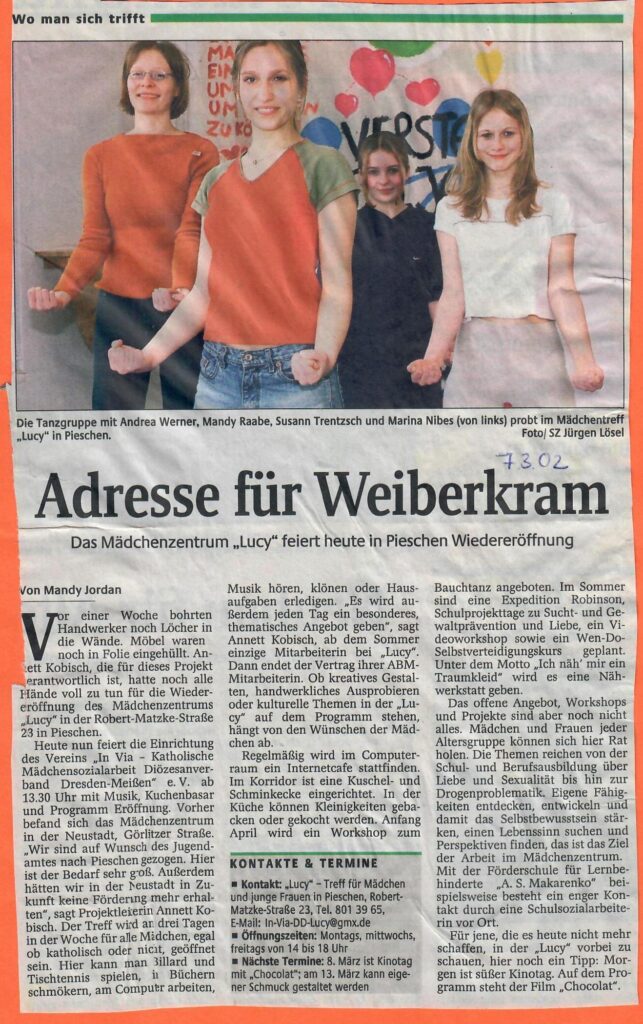 Zeitungsartikel "Adresse für Weiberkram". Zusammenfassung nach dem Bild Neustadtzeitung Ausgabe 07/03/02
