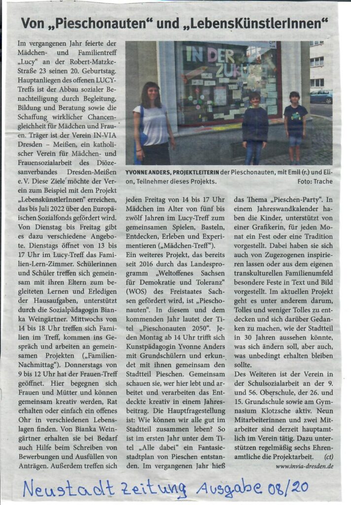 Zeitungsartikel "Von Pieschonauten und Lebenskünstler:innen". Zusammenfassung nach dem Bild Neustadtzeitung Ausgabe 08/20