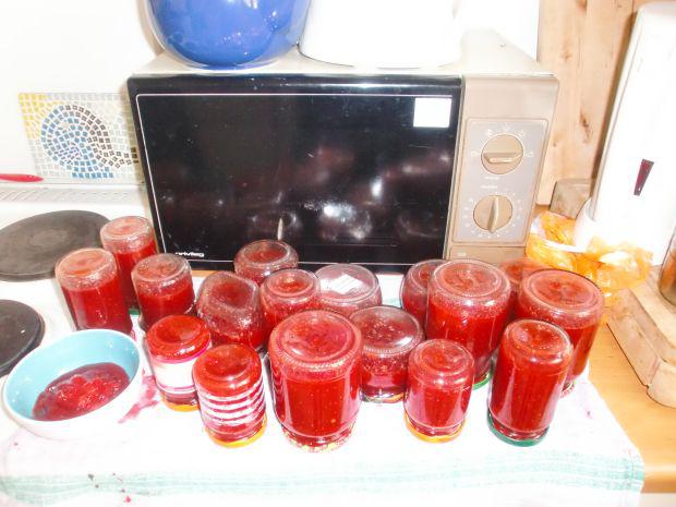 Ein Tisch mit Flaschen Tomatenmark vor einer Mikrowelle und daneben links ein Teller mit Tomatenmark