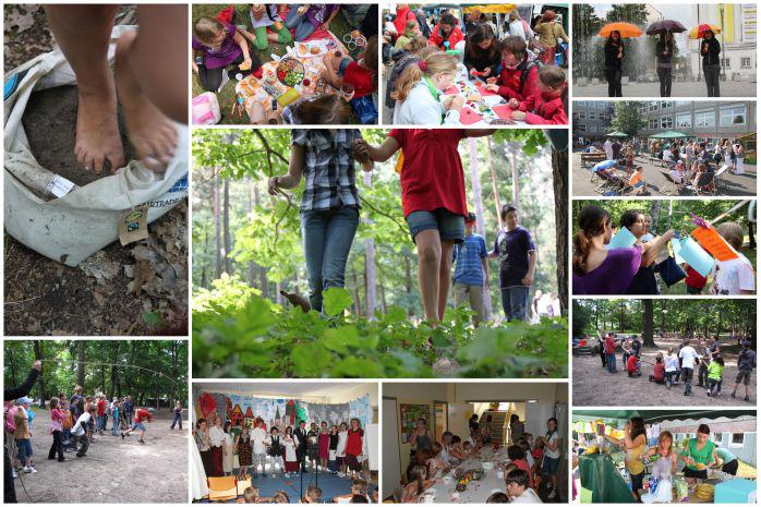 Eine Sammlung von Bildern, auf denen Kinder gemeinsam Aktivitäten ausführen und spielen