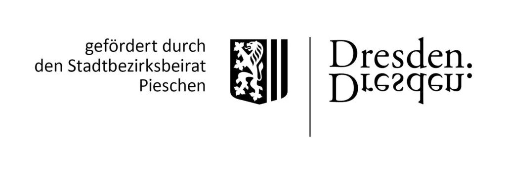 Stadt Dresden Logo mit Text daneben, gefördert durch den Stadtbezirksbeirat Pieschen