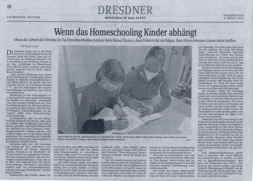 Zeitungsartikel "Wenn das Homeschooling KInder abhängt". Zusammenfassung nach dem Bild. Dresdner - Zeitung Ausgabe 04/03/21