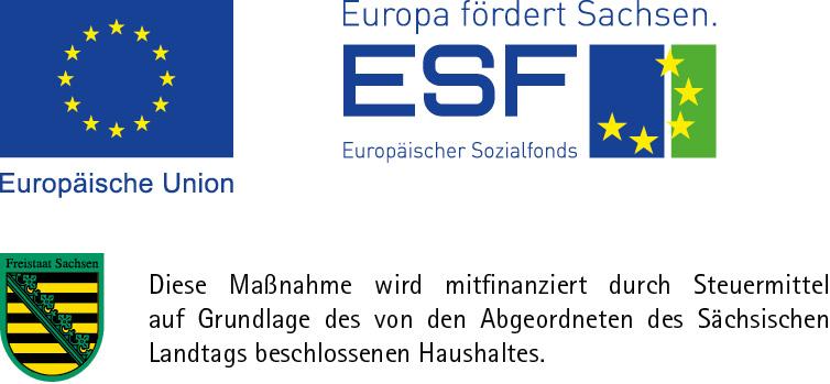Europäische Union logo, Europäischer Sozialfonds Logo und Freistaat Sachsen logo mit Text daneben, diese Maßnahme wird mitfinanziert mit Steuermitteln auf Grundlage des vom Abgeordneten des Sächsischen Landtag beschlossenen Haushaltes.