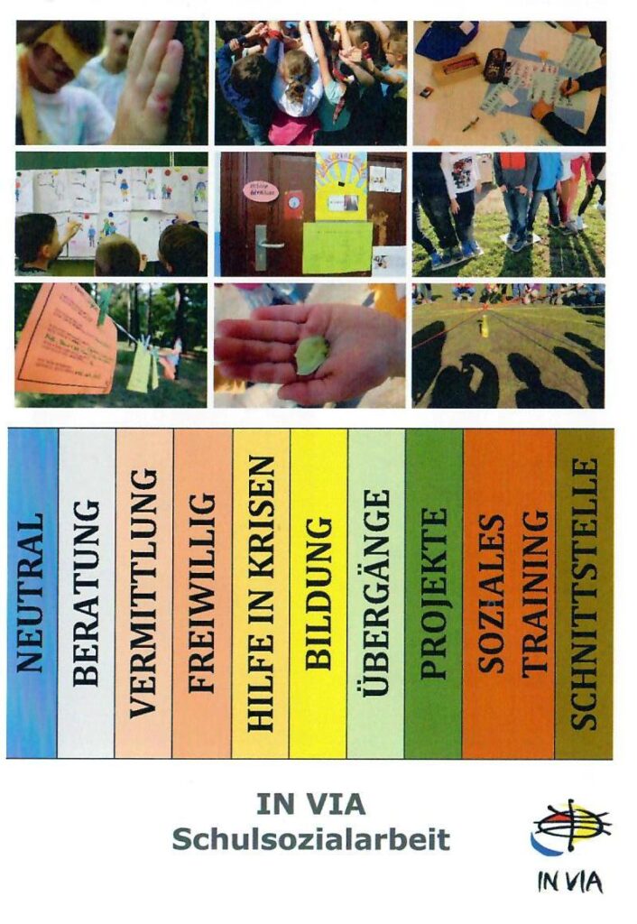 IN VIA Schulsozialarbeit Postkarte: Neutral, Beratung, Vermittlung, Freiwillig, Hilfe in Kriesen, Bildung, Übergänge, Projekte, soziales Training, Schnittstelle.